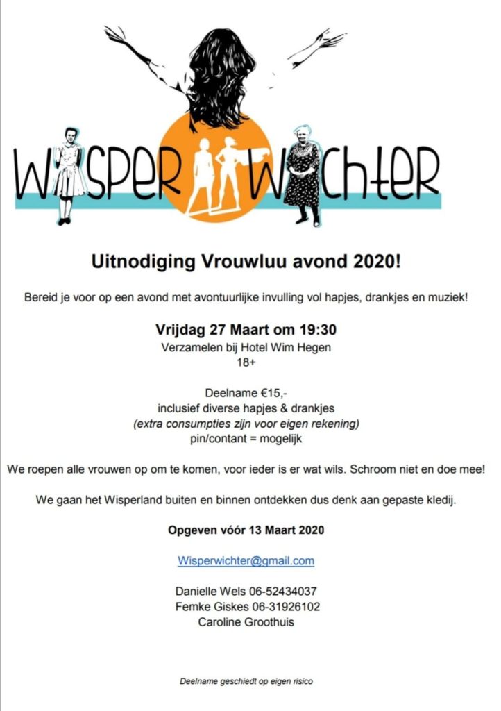 uitnodiging wisper wichter vrouwluu avond 27 maart 2020. Aanmelden voor 13 maart a.s.
